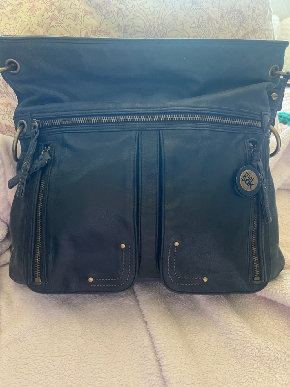 The Sak Black Leather Shoulder Bag with Front Pockets